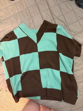 Davi & Dani Brown and Mint Striped V-Neck Sweater Vest